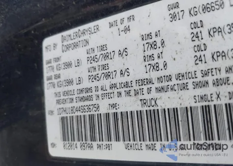 2004 Dodge Ram 1500 Slt/Laramie из США, поврежденный, VIN 1D7HU18D44S636750